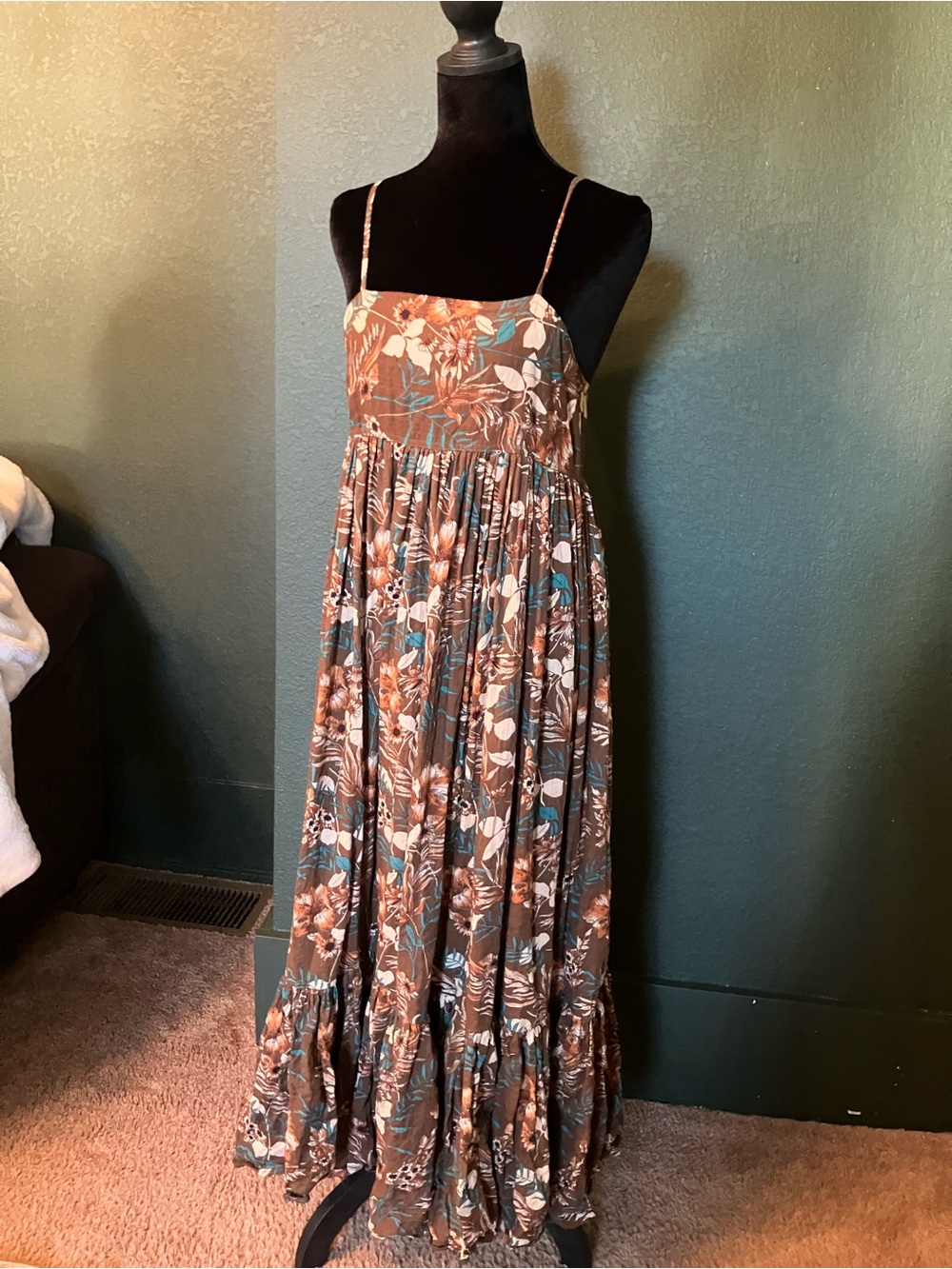 NATURAL LIFE Brown Floral Maxi Dress with Teal Accents